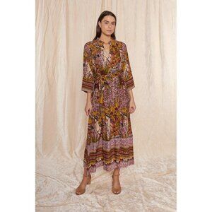 RAGA Womans Fleri Maxi Dress Tasseled Tied‎ Neck 3/4 Sleeve Multicolor Size M
